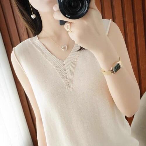 V-neckLarge size Sling Vest Women 's Summer 2021Wear Ice Silk Knit Low collar Sleeveless Top forWomen Korean Style Outer Wear