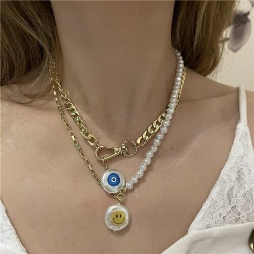 Origin Summer Statement Demon Eye Circle Imitation Pearl Pendant Necklace for Women Asymmetry Smile Face Chain Necklace Jewelry