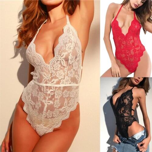 Ladies Transparent Sexy Underwear Erotic Bodysuits Full Lace See-through Lingerie Backless Hollow out Lingerie Nightwear