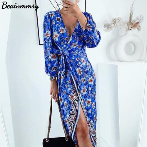 Za Women Blue Vintage Patchwork Floral Print Irregular Hem Dress Spring And Autumn Female V Neck Lace Up Midi Dress 2021
