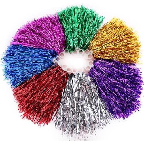 1pair Plastic Handle Metallic Streamer Pompoms Cheerleading Cheering Pom Pom Ball Cheering Dance Decorator Club Sport Supply