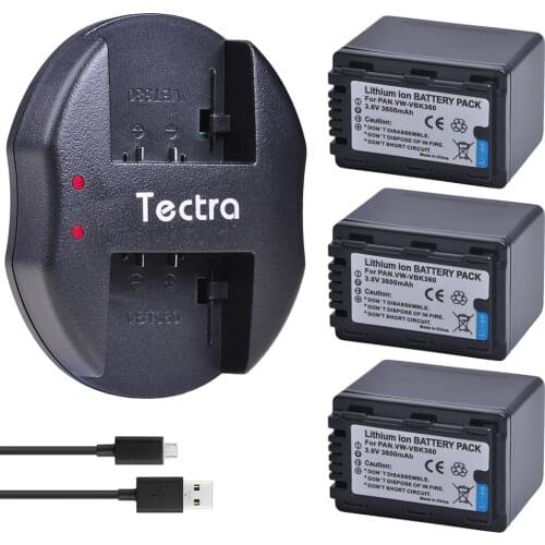 3Pc VW-VBK360 3600mAh Battery + USB Dual Charger for Panasonic HC-V10, HC-V100, HC-V100M, HC-V500, HC-V500M, HC-V700, HC-V700M