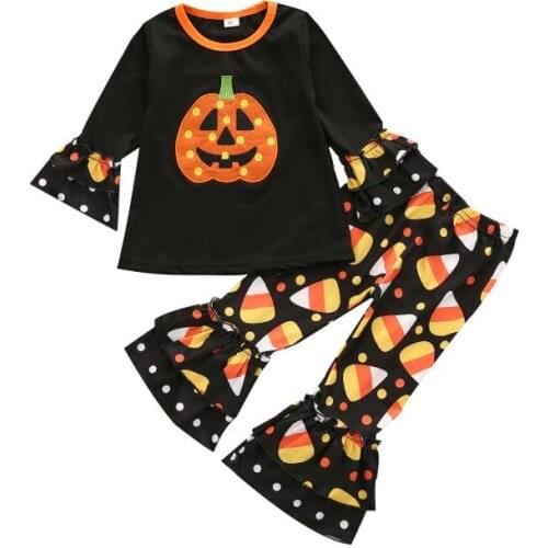 Kids Baby Girls Halloween Clothes Outfits Long Sleeve Cartoon Pumpkin Pattern Top Pants Set Children Halloween Costume