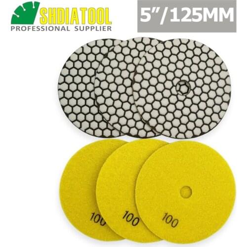 SHDIATOOL 6pcs 5" grit #100 B Diamond dry polishing pads Dia 125mm Resin Bond Sanding Disc For Granite Marble Stone Polisher Pad