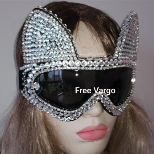 Holographic Rhinestone Silver Cat Burning Man Goggle Festival Mask Costume Headpiece Cyber Goggles Stage Dj EDM EDC Rave Costume