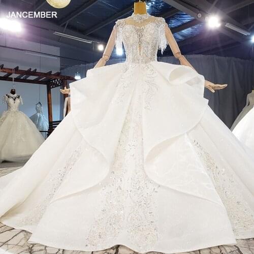 HTL2149 White Elegant High Neck Short Sleeve Wedding Dress 2021year Tassel Back Lace Up Design Formal Dress For Wedding