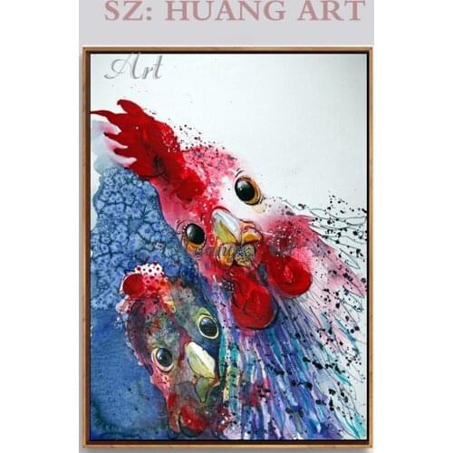 Skilled Artist Handmade Funny Lovely Animal Cock Oil Painting on Canvas Hand-painted Funny Rooster Oil Painting for Living Room