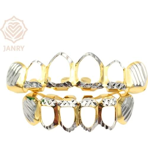 JANRY New GOLD Color Plated Hip Hop Hollow Top & Bottom GRILLZ Vampire Teeth Grills Set For Men Women