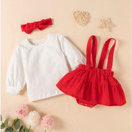 3Pcs Autumn Baby Girls Clothes Outfit Solid Long Sleeve Round Collar T-Shirt + Suspender Skirt + Headdress Set