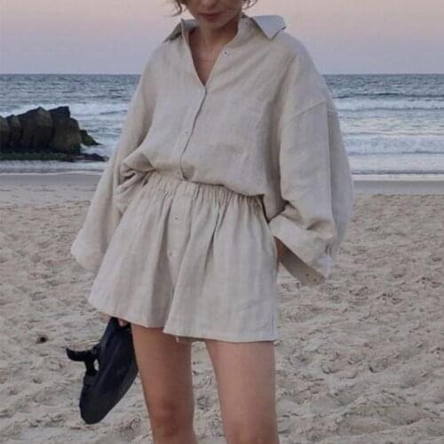 Cotton Linen Solid Oversize Women Shorts Set Single-breasted Shirt And Elastic Waist Trousers Ladies Suit Summer Loose Casual