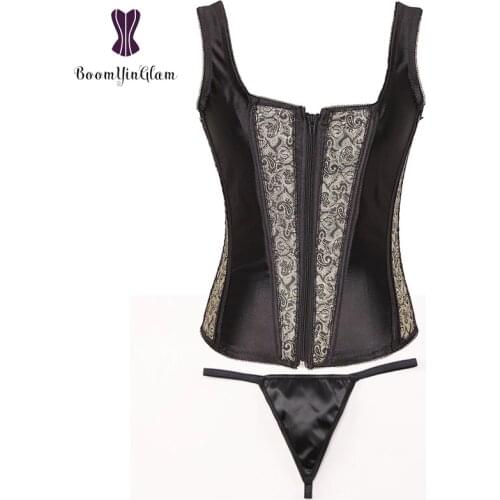 Zip Up Womens Burlesque Satin Jacquard Shoulder Straps Tank Overbust Corset Bustier With G String 936