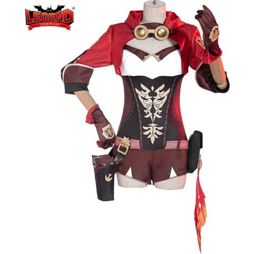 CostumeBuy Anime Genshin Impact Amber Cosplay Costume Women Red Comtume Halloween Top Pant Uniform Full Set аниме одежда