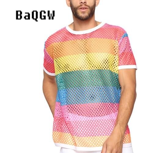 Summer Mens Mesh O-neck Net Shirt Sexy Hollow Out Short Sleeve T-shirt Outwear Sportswear See Through Sporting Clothing 2XS-5XL