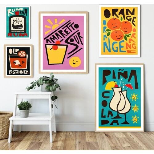 Cartoon Cocktail Rum Margarita Poster Art Print Gin Tonic Canvas Painting Modern Fashion Club Bar Kitchen Wall Pictures Decor