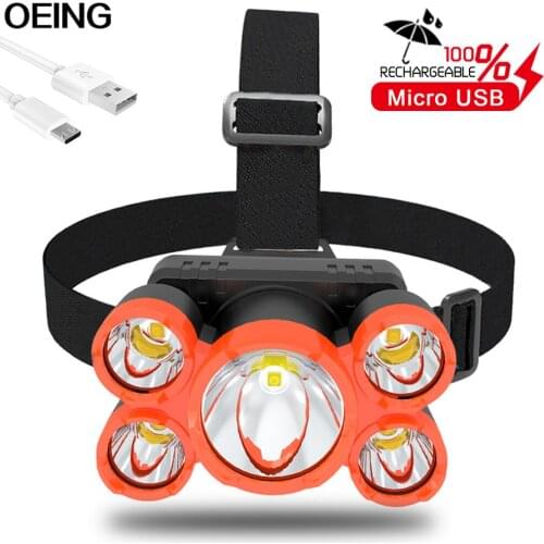Super Bright T6+4XPE LED Headlamp 5LED USB Rechargerable 4 Lighting Modes Waterproof Head Light Built-in 18650 Battery Camping