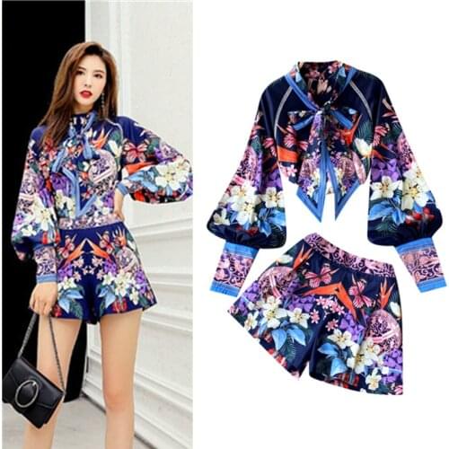 Spring New Arrivals Women Clothes 2 Piece Set Women Vintage Printing Lantern Sleeve Women Shirt And Printing Short Pants SL462