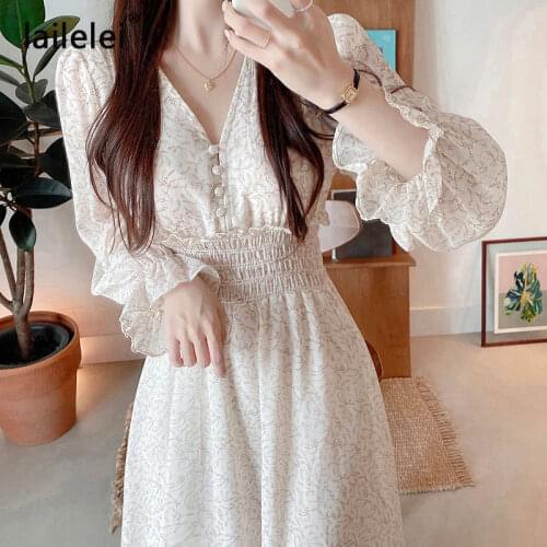 V-Neck Print Button Chiffon A-Line maxi dresses for women puff flare Long Sleeve Spring Fall 2021 Korean Elegant Vetement Femme