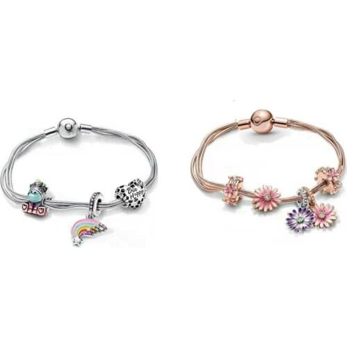 Authentic 925 Sterling Silver Pan Bracelet Reflection Rose Multi Snake Chain Bracelet Set Suitable for Women Bead Charm