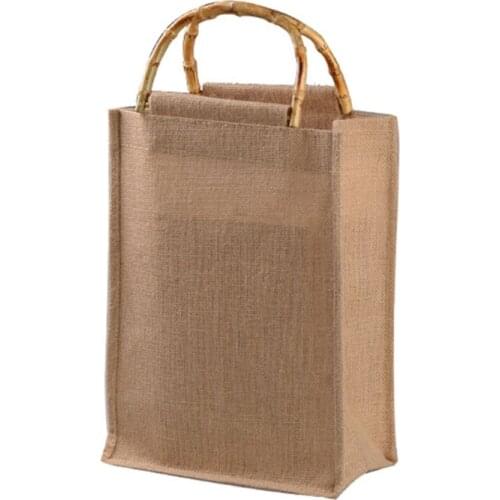 Portable Burlap Jute Shopping Bag Handbag Bamboo Loop Handles Reusable Tote 066C