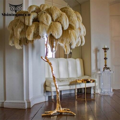 Nordic Luxury Ostrich Feather LED Floor Lamp Copper Brass Resin Nordic Standing Lamps Villa Tripot Hotel Decorative Stand Lights