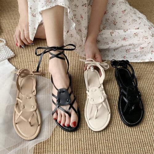 Womens Beach Sandals Bandage Solid Clip Toe Flat Ladies Fashion Footwear Outdoor Summer Leisure Comfortable Women Shoes New
