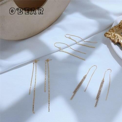 OBEAR 14k Real Gold Plated Shiny Cubic Zircon Long Tassel Stud Earrings Women Fashion Glamour Wedding Jewelry Accessories