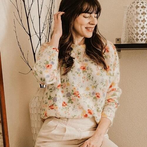 Floral Print Sweaters 2021 Autumn Winter Woman Clothes Round Neck Long Sleeve Mohair Jumper Vintage Elegant Knitwear Pullover