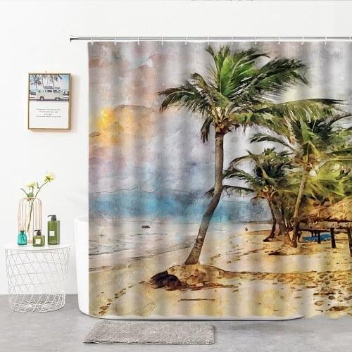 3D Color Oil Painting Tropical Coconut Tree Shower Curtain Fabric Plant Seaside Beach Landscape Bath Decor Curtains With Hooks