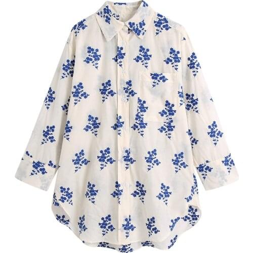 Spring Autumn Womens Fashion Pocket Embroidered Loose Cotton Shirt Irregular short front and long back Leaf Long Sleeve Top