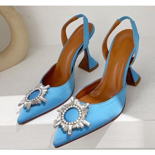2021 Brand Women Pumps Sandals Fashion Crystal Slingback High Heels Summer Rhinestone Triangle Heeled Party Wedding Bride Shoes