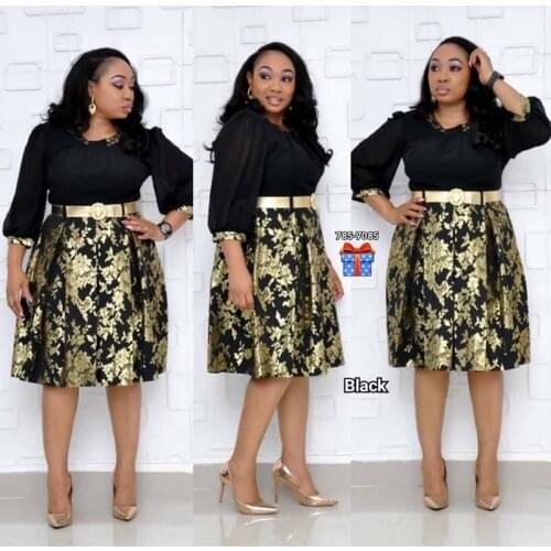 African Clothes Plus Size A-Line Dress Women 2019 Elegant O-Neck Chiffon Sleeve Patchwork Gold Belt High Waist Mini Dress Party