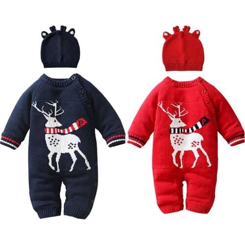 Winter Baby Toddler Boys Girls Brushed Thicken Jumpsuits Christmas Deer Infant Newborn Baby Boys Girls Rompers And Hat Clothes