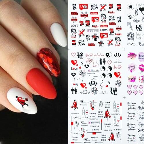 12 Designs Nail Stickers Water Decals Love Word Heart Letters Transfer Slider Nail Art Tattoo Manicure Foil Wrap BN1489-1500
