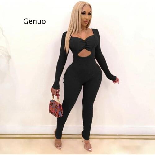 Active Corduroy Cut Out Waist Draped Long Sleeve Bodycon Jumpsuit Women Sexy Club Party One Piece Overall Romper 2021