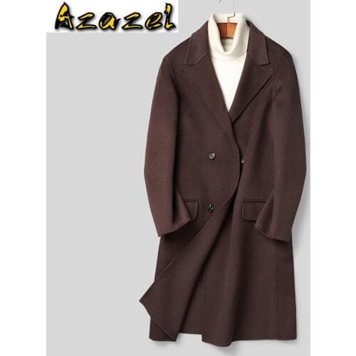 Azazel AYUSNUE 2020 New 100% Wool Coat Men Double Breasted Long Jacket Korean Overcoat Mens Jackets and Coats B19N003090A KJ4233