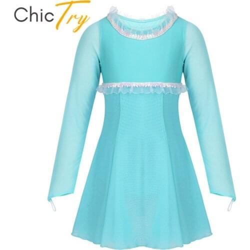 ChicTry Kids Sequins Ruffles Long Sleeves Gymnastics Ballet Leotard Child Competition Dance Costume Girls Figure Skating Dress