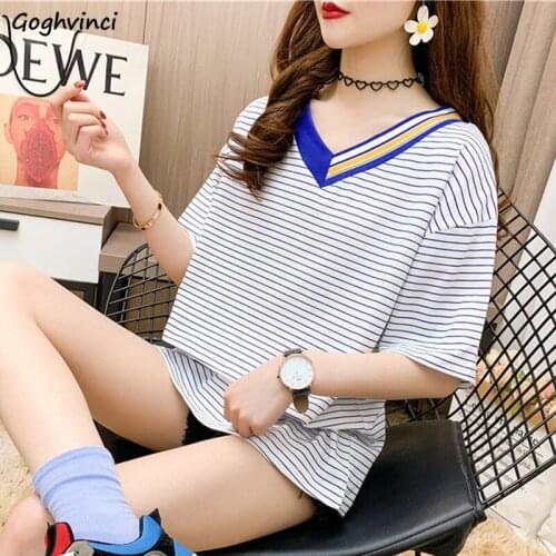 T-shirts Women Summer Retro Striped Fashion Korean Style V-neck All-match Ulzzang Tshirts Streetwear Leisure Casual Chic Simple