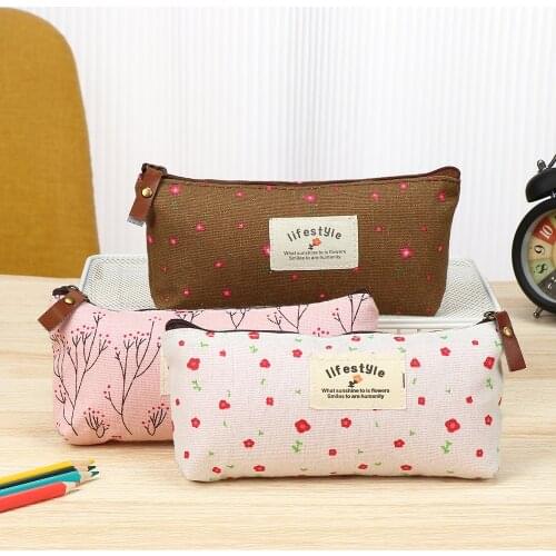 Cute Kawaii Floral Flower Canvas Zipper Pencil Cases Lovely Fabric Flower Tree Pen Bags School Supplies Free Shipping 2021 New
