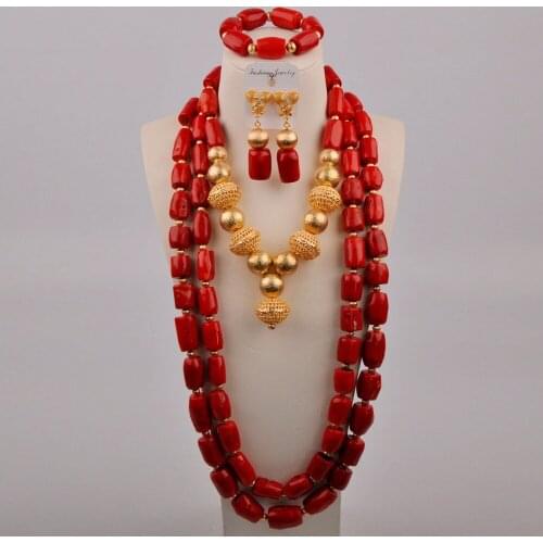 Red African Wedding Coral Beads Jewelry Sets For Nigerian Necklace Earrings Bracelet Set Bride Jewellery