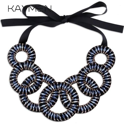 KAYMEN Womens Fashion 7 Circles Inlaid Crystals Choker Necklace & Bohemia Style Fabrics Statement Necklace Pendant Jewelry