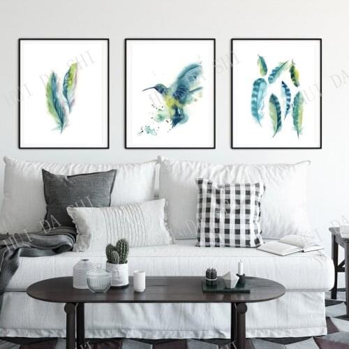 Bird and Feathers 2 Prints Set, Wall Gallery Set of 3 Fine Art Prints, Hummingbird Teal Mint Green Watercolor Painting Art