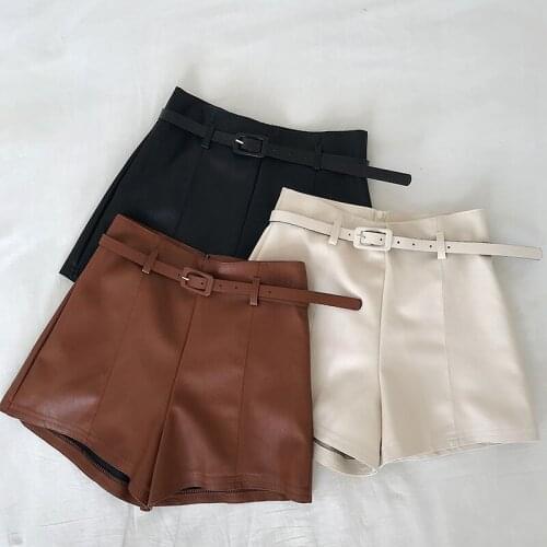 Casual Solid Women Mini PU Shorts Summer Straight Korean Female Sexy Shorts Mujer Vintage High Waist Sashes Sweet Shorts