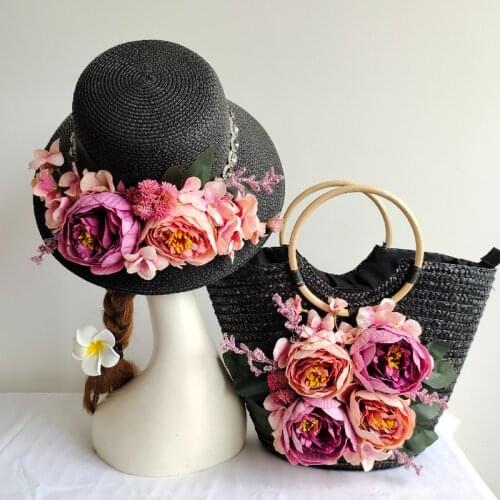 Straw Beach Bag Designer Luxury Womens Tote Bags 2021 Summer Woven Basket Bolsa Female Handmade Flower Woven Handbag with Hat