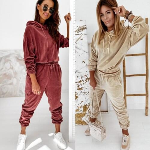 Autumn Winter Female Running Sets Two Pieces Sports Suits Women Solid Color Tracksuits Long Sleeve Hooded Tops Jogger Sweatpants