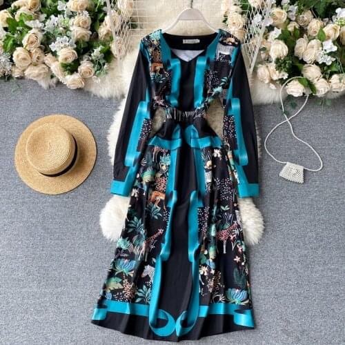 Vintage Printed Dress Autumn And Winter New Temperament V-Neck Mid-Length Retro Womens Clothing