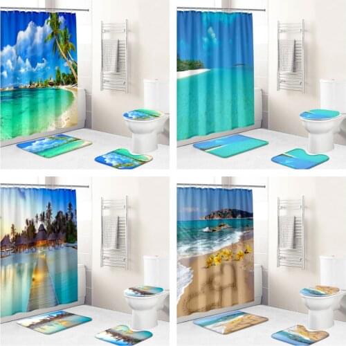 3Dsummer Seaside Scenery Waterproof Fabric Bathroom Accessories Shower Curtain 4 Sets of Non Slip Carpet Bathroom Cover Bath Mat