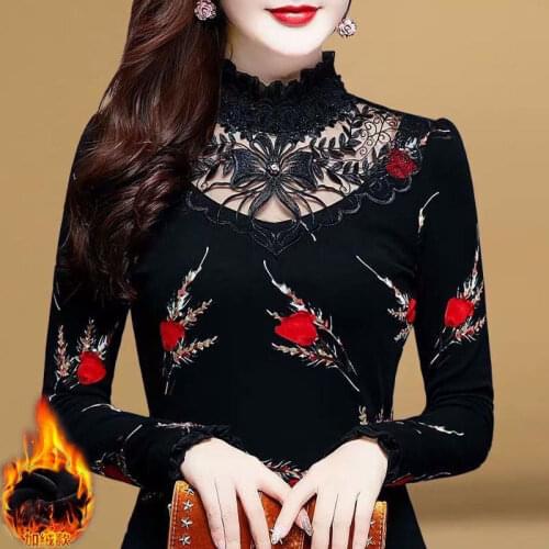 2021 Women Lace Tops Blouse New Slim Plus Size Embroidery Blouse Casual Long Sleeve Shirt Women Thick Warm Bottoming Shirts W996