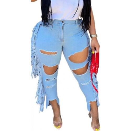 5XL Plus Size Jeans Women High Waist Side Tassel Solid Trousers Autumn New Street Style Sexy Hole Hollow Denim Pants Jeans 2021