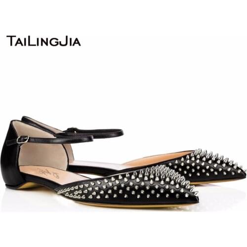 Women Flat Rivets Shoes Pointed Toe Buckle Strap Fashion Elegant Hotsale Factory Shoes 2019 Metal Studs Black PU Leather Flats