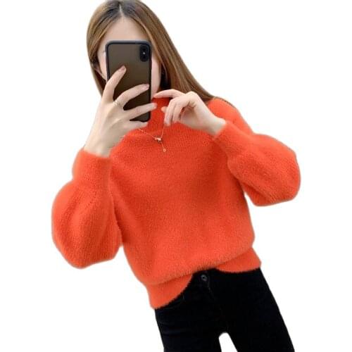 Add hair thickening mink red velvet short half a turtleneck sweater woman outside a small spring fashion sweater